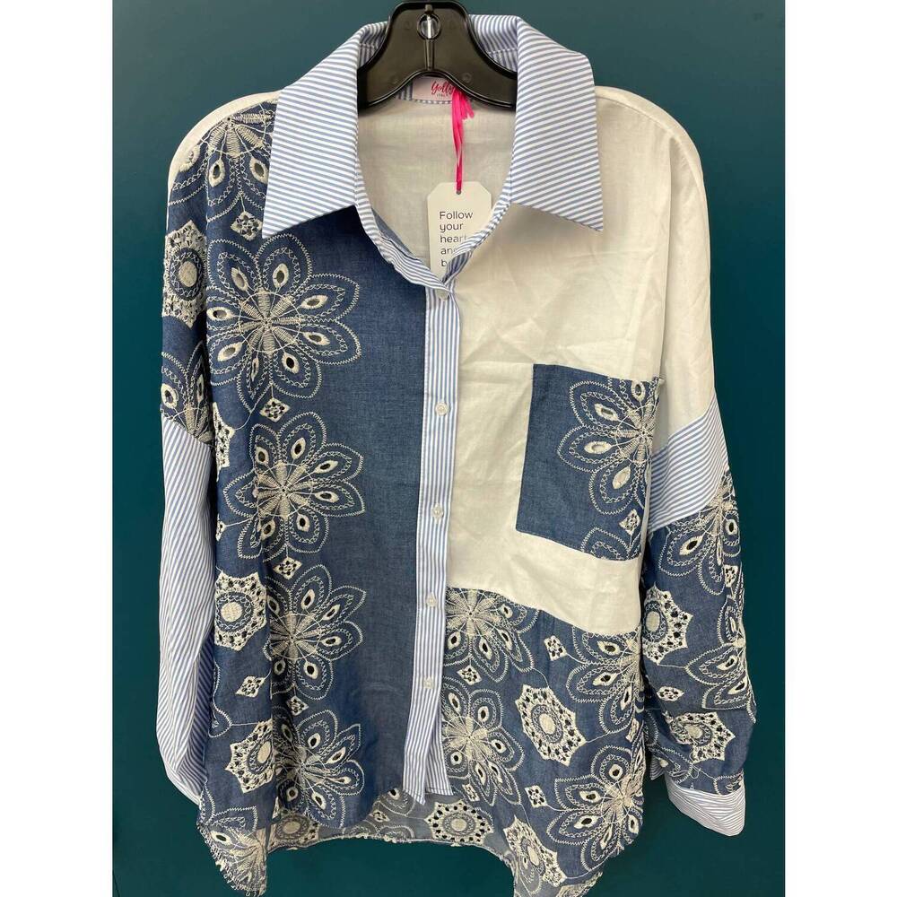 NEW YOLLY women's eyelet stripe colorblock blouse in multicolor
